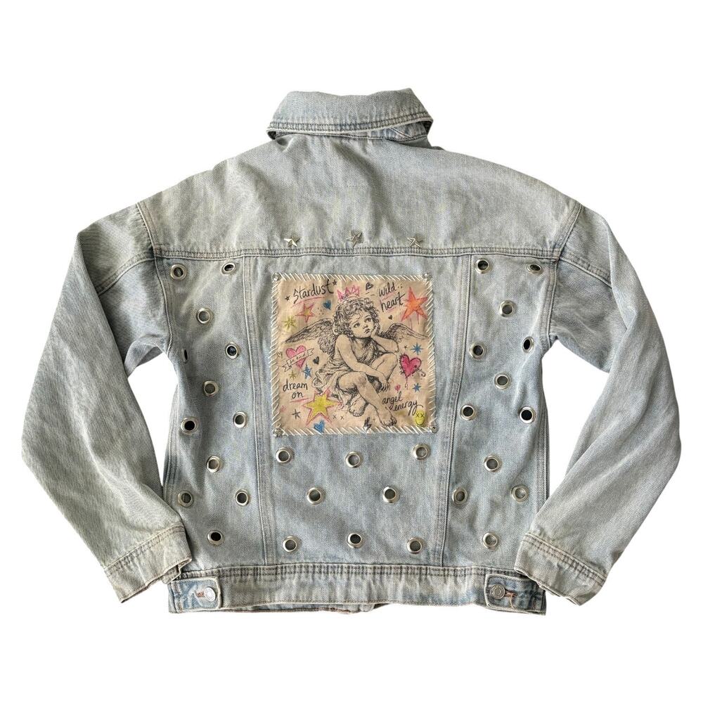 Upcycled Denim Jacket M Angel Cherub Grommet Stud Celestial Punk Boho Retro Blue - Picture 4 of 13